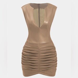 Micas Ruched Faux Leather V-Neck Bodycon Mini Dress